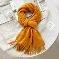 Ginger yellow knitted cashmere-feel scarf with elegant fringe trim for winter - 65*200cm / Orange