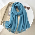 Elegant light blue cashmere-feel scarf with tassels on a trench coat stylish winter look - 65*200cm / Lake Blue