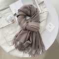 Elegant coffee brown solid cashmere scarf with tassels styled over a beige blazer - 65*200cm / Dusty Pink