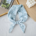 Elegant blue floral silk scarf with lace trim and plant leaf pattern displayed on wood - Blue (Blue Floral)