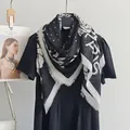 Retro black and white floral polka dot scarf with frayed edges and PARIS lettering - 130x130cm / White Trim
