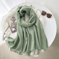 Elegant bean green soft cashmere-like scarf with fringe details and knit texture - 65*200cm / Morandi Green