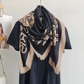 Retro black and beige floral polka dot scarf with stylish letter print for women - 130x130cm / Yellow Edge