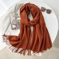 Caramel cashmere-like winter scarf with soft fringes styled on white blazer outfit - 65*200cm / Reddish Brown