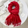 Elegant bright red cashmere-like scarf with fringe details on a stylish coat - 65*200cm / Red
