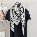 Black and white fashion silk square scarf with chain print and FASHION letters - White (130CX108-1) / 130x130cm