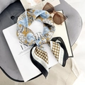 Silk scarf with vintage floral and houndstooth pattern in mustard yellow and blue - Blue