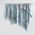 Ethnic style light blue square silk scarf with floral medal print and soft draping - 130cmx130cm / Blue