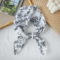 Thin white cotton linen scarf with black floral print and pre-tied bow design - 62cm X 62cm / Black