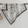 Minimalist square silk scarf with black dot rose pattern on cream white background - 68cm*68cm / White (68RZW143-1)