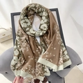 Coffee brown linen shawl scarf with mint floral patterns and green stitching edges - 180x85cm / Green