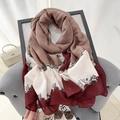 Lightweight cotton linen printed scarf with elegant tricolor patchwork and scroll patterns - Coffee Beige and Red Tricolor Block Style / Red