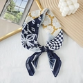 Navy and mustard cotton linen square scarf with floral pattern and checkered border - Blue (Floral Patchwork)