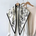 Elegant silk-like triangle scarf with black paisley and floral prints on ivory background - Floral and Butterfly (TBSJJ08) / 87*130CM / White