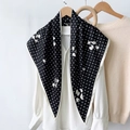 Elegant black and white polka dot silk scarf tied on white shirt collar with floral patterns - Polka Dots and Floral (TBSJJ01) / 87*130CM / Black