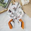 Lightweight cotton-linen feel skinny scarf with artistic horse prints and orange border - White (Vintage Horse)