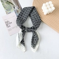 Elegant silk blend square scarf with vintage black and white floral pattern in a loop display - 65x65cm / White Border (Geometric Floral)