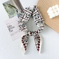 Silk cotton blend twilly scarf with realistic horse head print and burgundy checkerboard edge - 65x65cm / White (Horse Head)