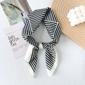 Elegant black and white striped silk blend skinny scarf styled as a neck bow tie - 65x65cm / White (Diagonal Striped)