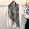 French style 100% silk skinny scarf with black and white paisley patterns on white shirt - Black Paisley