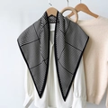 Fashionable black and white geometric striped silk scarf paired with a white shirt - Geometric Lines (TBSJJ03) / 87*130CM / Natural With Black Edge