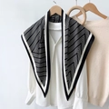 Elegant black and white geometric striped silk scarf styled on a white collared shirt - Geometric Stripes (TBSJJ06) / 87*130CM / Black