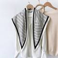 Elegant black and white geometric pattern silk scarf with a minimalist border - Geometric Stripes (TBSJJ06) / 87*130CM / White