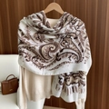 Elegant paisley print shawl in beige and brown tones styled on a knitted sweater - 180x85cm / Brown Paisley (LM290-1)