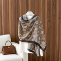 Caramel brown long scarf featuring white camellia floral pattern and black contrast edges - 180x85cm / Caramel Camellia (LM354-2)