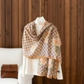 Women's elegant orange floral checkered shawl wrap for summer beach sun protection - 180x85cm / Khaki Plaid Floral (LM356-1)