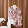 Pink checkered shawl with peony flower print for women, lightweight summer beach wrap scarf - 180x85cm / Pink Plaid Floral (LM356-2)