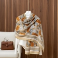 Elegant floral and houndstooth printed silk shawl with orange and navy color block - 180x85cm / Khaki Edge Houndstooth (LM404-2)