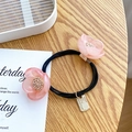 Élastique à cheveux double fleur rose avec cordon noir haute élasticité et strass brillants - Rose