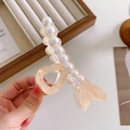 Elegant fishtail hair claw with champagne acetate finish and white faux pearl accents - Light Orange-11.6cm