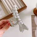 Iridescent fishtail hair claw clip with cream pearls in elegant resin finish - Light Gray-11.6cm