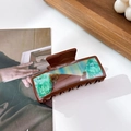 Rectangle tortoise shell acetate hair claw clip with green marble and blue patchwork pattern - 9cm / Dark Coffee