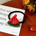 Watermelon shaped acetate hair tie with sparkling red rhinestones and elastic band - Watermelon