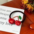 Sparkling cherry-shaped elastic hair tie with red resin finish and rhinestone accents - Cherry
