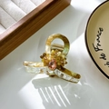 Pinza per capelli in acetato ambrato con gemma a goccia rosa e fiori 3D - Verde Giallastro Piccolo