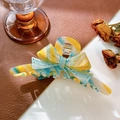 Elegant bow hair claw clip in yellow and blue marble acetate finish for hair styling - Blue-Yellow Striped-13cm
