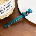 Blue acetate hair clip with red bow and gold handmade lettering for ponytail styling - 10.7CM / Blue