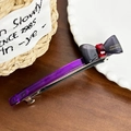Purple acetate spring hair clip with black and red ribbon bow and gold lettering detail - 10.7CM / Purple