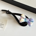 Elegant black resin hair claw clip with colorful marble pattern bow and rhinestone - Yellow-Purple (12.2cm)