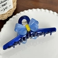 Large blue acetate claw clip with light blue bow and yellow accent for hair styling - 12.8cm / Dark Blue