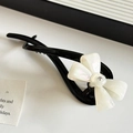 Elegant black banana hair clip with pearlescent cream bow and sparkling crystal accent - Radiant White (12.2cm)