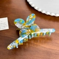 Eleganter Schmetterlings-Haarclip mit blau-gelber Marmortextur und Strasssteinen - 10.6cm / Blau-Gelb