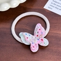 Pink striped butterfly hair tie with colorful rhinestones and beige elastic band - Hair Tie / 3.6cm / Pink