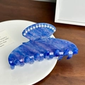 Blue marble acetic acid hair claw with seashell design and pearl accents for women - 11cm / Metallic Blue