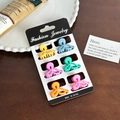 Set of six macaron-colored bow-shaped hair claws on a fashion jewelry display card - Set 9