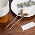 U-shaped hair fork in tortoiseshell acetate with butterfly design and pearl accents - 15cm / Butterfly Style - Blue Coffee